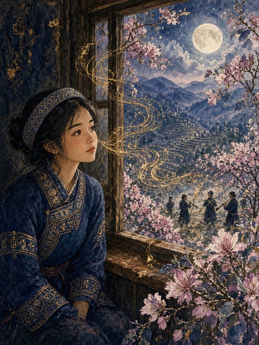 Minh hoạ: Mị nghe tiếng sáo trong đêm mùa xuân