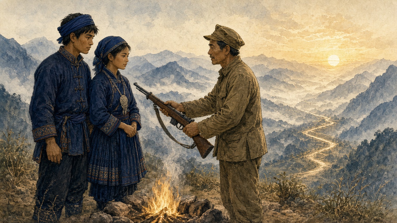 Minh hoạ: Mị và A Phủ ở Phiềng Sa gặp cán bộ, A Phủ nhận khẩu súng trở thành du kích