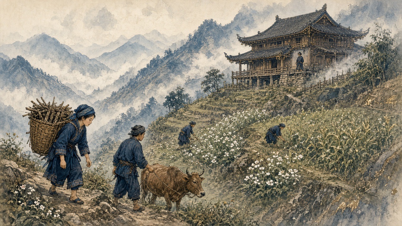 Minh hoạ: người H'Mông gùi củi, chăn bò, làm nương dưới nhà thống lí