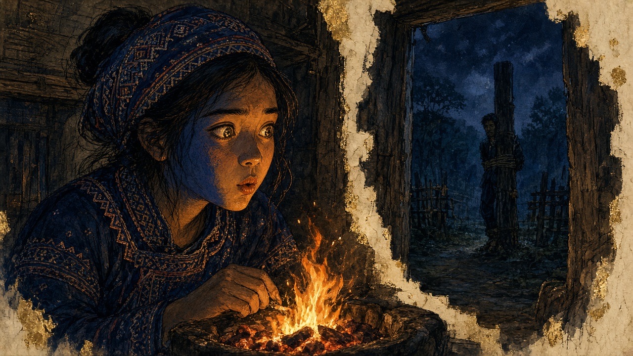 Minh hoạ: Mị bên bếp lửa đêm khuya, bừng tỉnh khi nhìn ra A Phủ bị trói