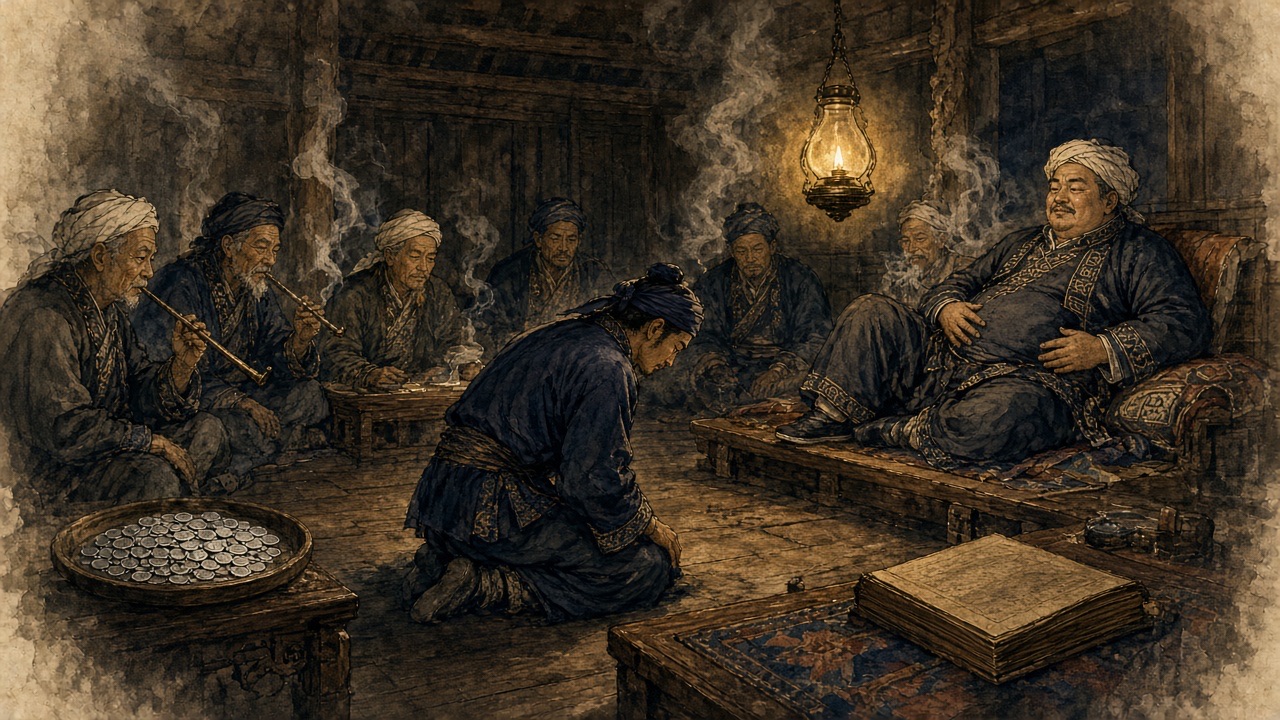 Minh hoạ: A Phủ quỳ giữa nhà thống lí trong cuộc xử kiện, phạt vạ