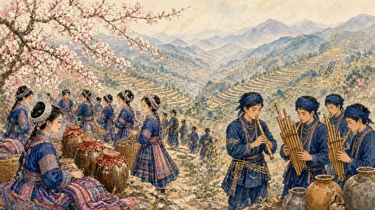 Minh hoạ: phiên chợ mùa xuân của người H'Mông, trai thổi sáo, hoa ban nở