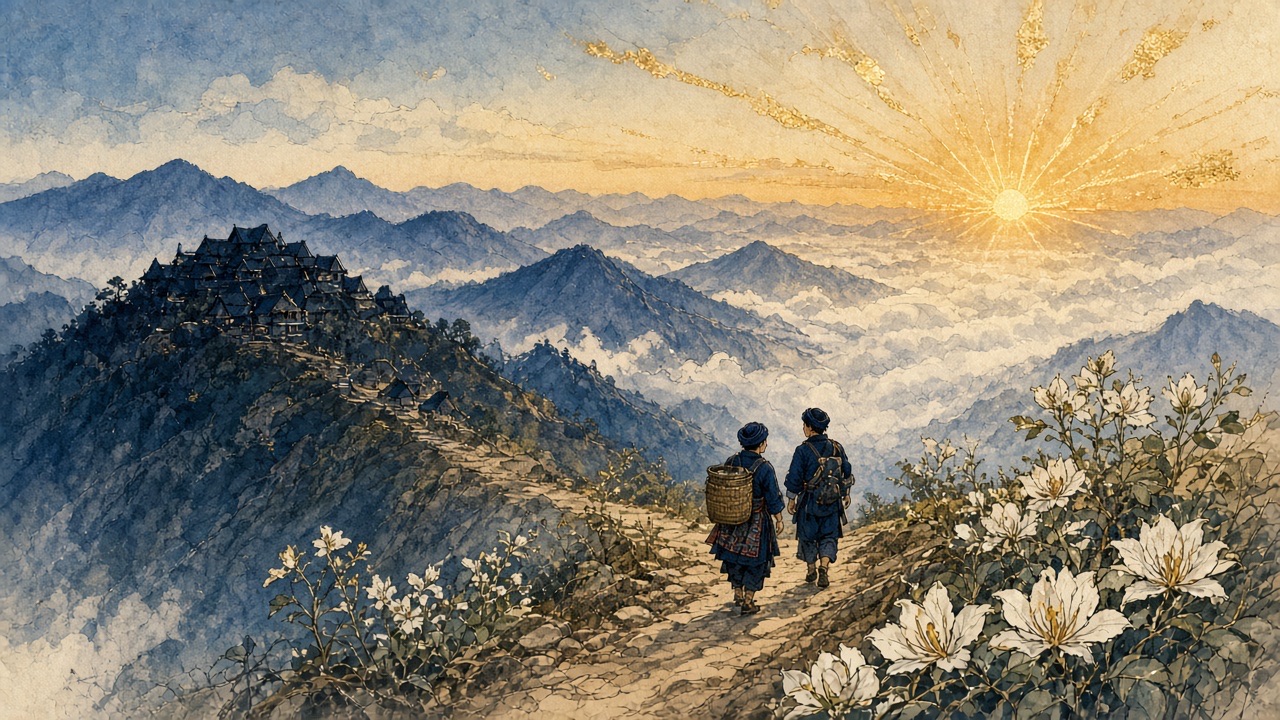 Minh hoạ: Mị và A Phủ đi trên đường núi rời Hồng Ngài lúc bình minh