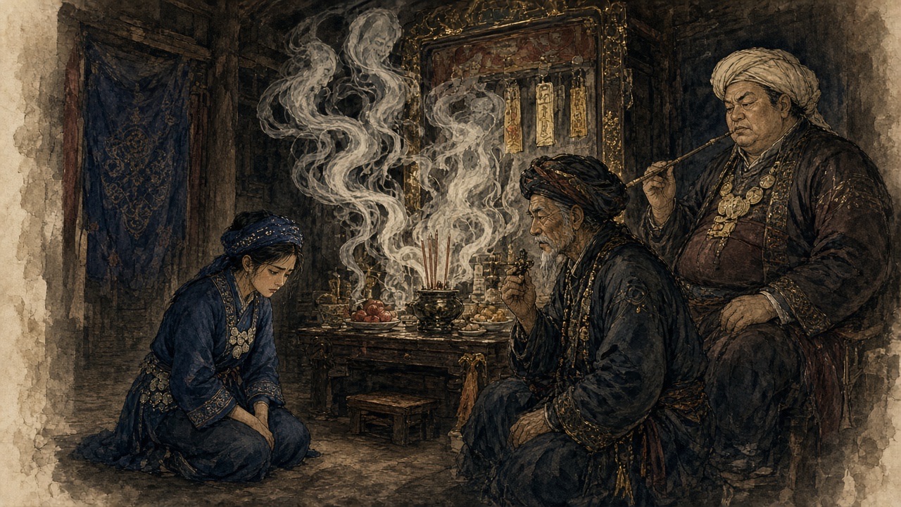 Minh hoạ: Mị quỳ trước bàn thờ ma nhà thống lí, thầy cúng và Pá Tra ngồi bên