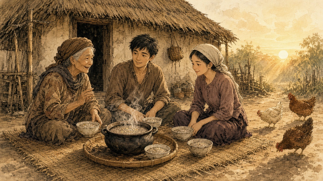 Minh hoạ: bữa cơm ngày đói với nồi cháo cám, cả nhà vẫn nói chuyện tương lai