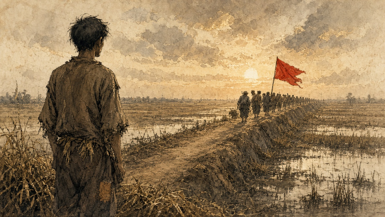 Minh hoạ: Tràng nhìn về phía đoàn người đói đi theo lá cờ đỏ trên đê