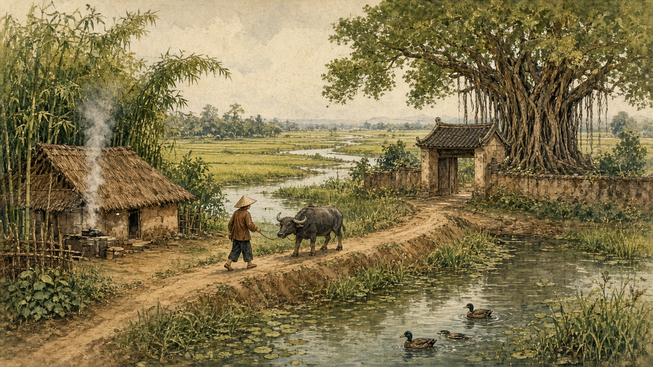 Minh hoạ: làng quê Bắc Bộ với lũy tre, mái rạ, ao làng, người dắt trâu trên bờ đê