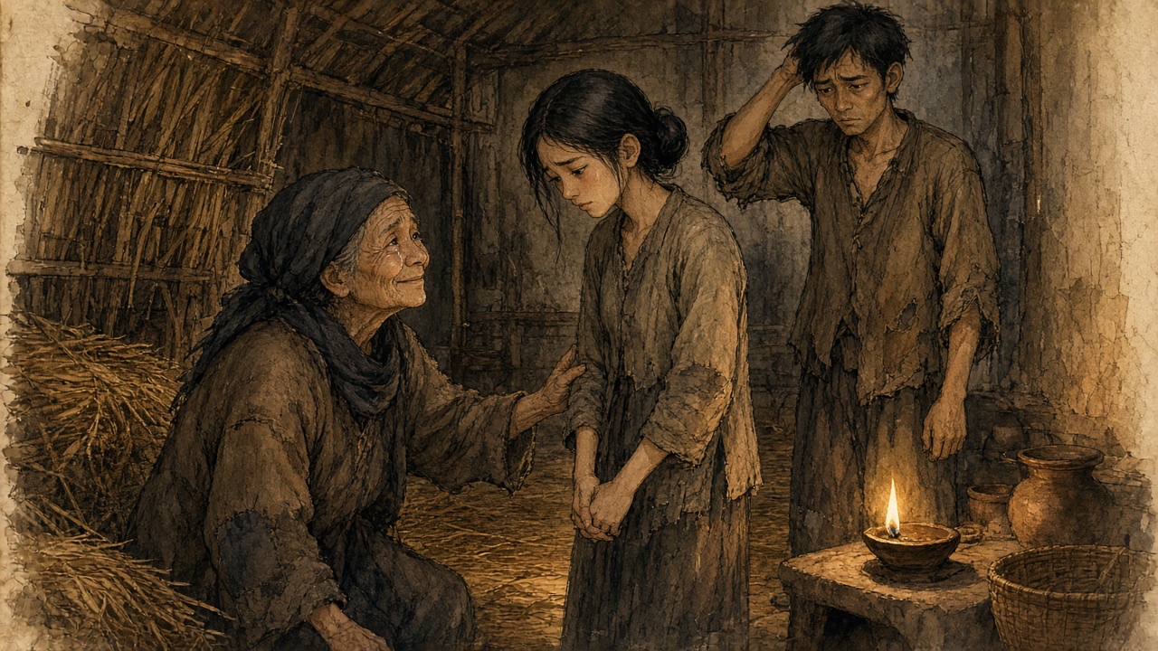 Minh hoạ: bà cụ Tứ đón nàng dâu mới trong căn nhà tranh