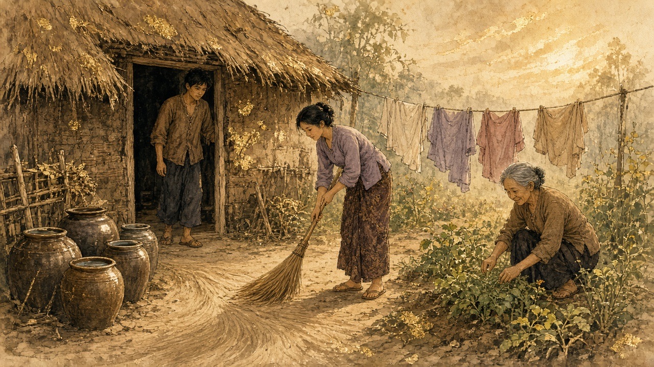 Minh hoạ: buổi sáng hôm sau, sân nhà Tràng quét sạch, người vợ quét sân, bà cụ Tứ nhặt cỏ