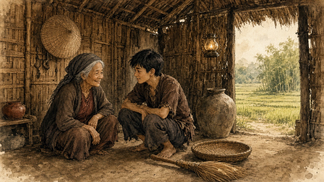 Minh hoạ: bà cụ Tứ và Tràng trò chuyện trong căn nhà tranh