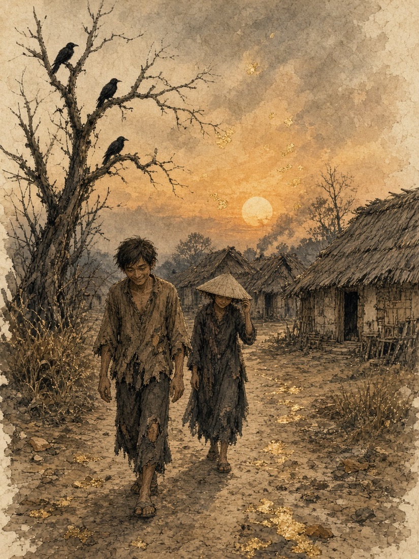 Minh hoạ: Tràng dẫn người vợ nhặt về xóm ngụ cư lúc chiều tà